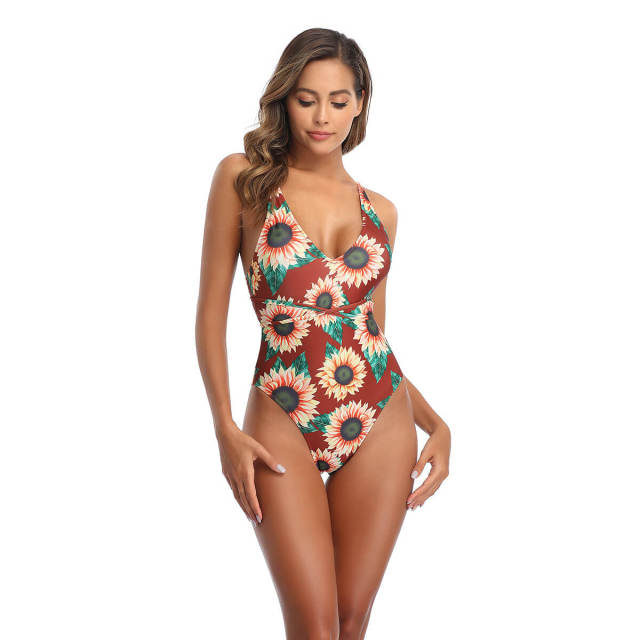 OOVOV Sunflower Print Swimsuit For Women Halter High Cut Sexy Bathing Suit Tummy Control Swimwear