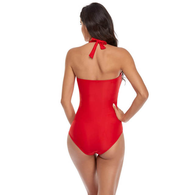OOVOV Women's One Piece Swimsuits Ruched Tummy Control Slimming Bathing Suits Halter Tie Up Swimwear
