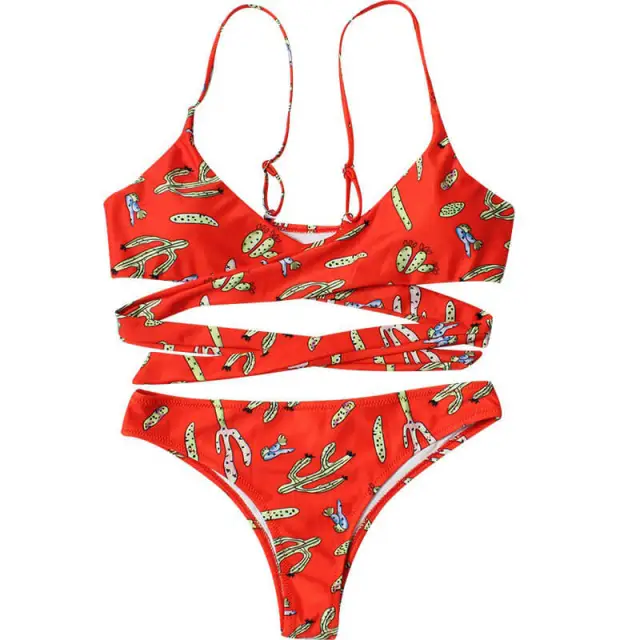 OOVOV Women's Low Waisted Bikini Swimsuit Cross Tie Knot Two Piece Bathing Suits Sexy Printed Swimwear