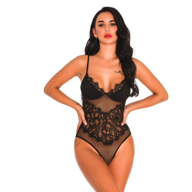 OOVOV Women Sexy Eyelash Lace Lingerie Bodysuit One Piece Sheer Mesh Teddy Babydoll