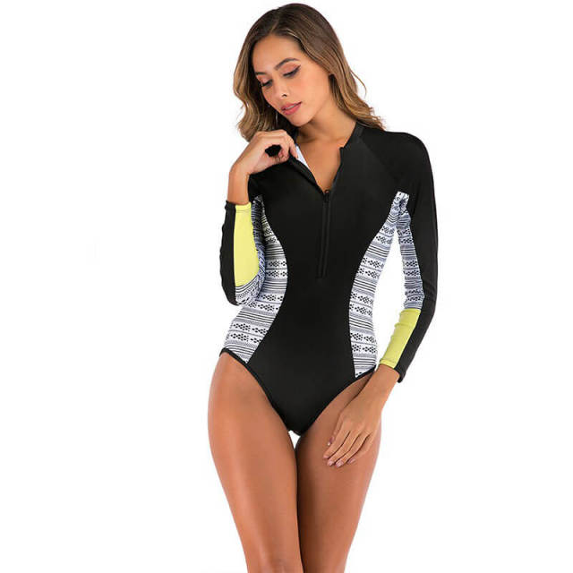 OOVOV Womens Long Sleeve Rash Guard Sun Protection Printing Zipper Surfing One Piece Swimsuit Bathing Suit