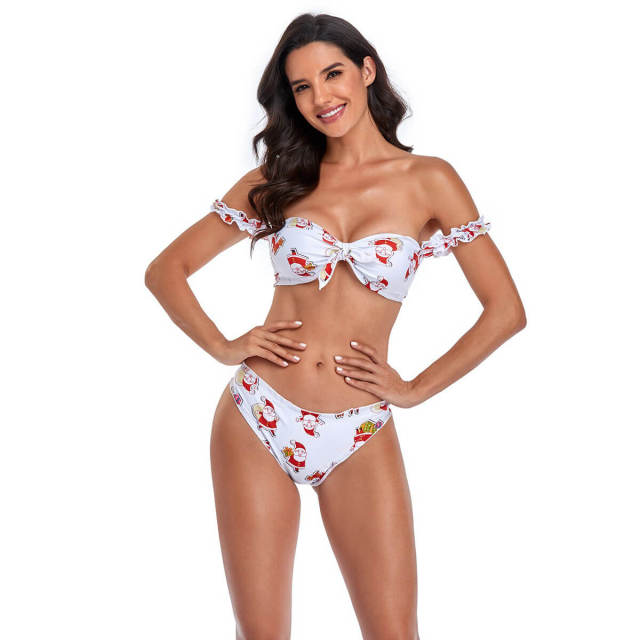 OOVOV Women's Two Pieces Floral Print Knot Front Crop Off-Shoulder Bandeau Bikini Sets Bathing Suit