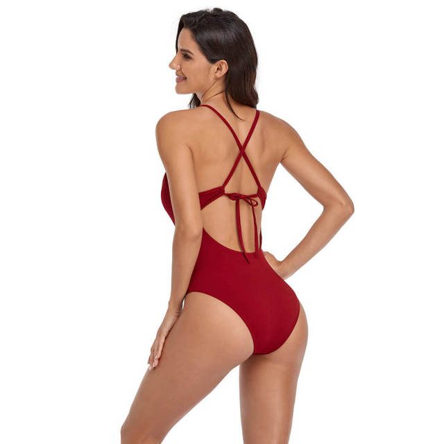 OOVOV Women’s One Piece Swimsuit,Sexy Deep V Neck Solid Bathing Suit,Tummy Control Cross Tie up Swimwear