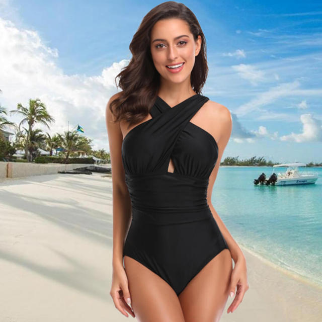 Sexy Plus Size Women's Swimsuits One Piece Tummy Control Front Cross Backless Swimsuit Bathing Suit Beach Swimwear