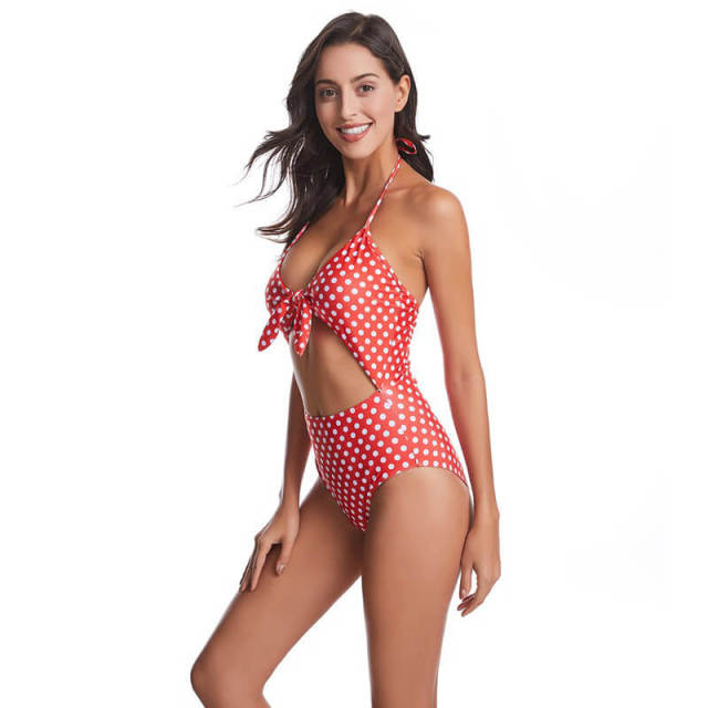 OOVOV Women's Polka Dot Printing Halter Cutout High Waist One Piece Swimsuit Tie Knot Front Bathing Suits
