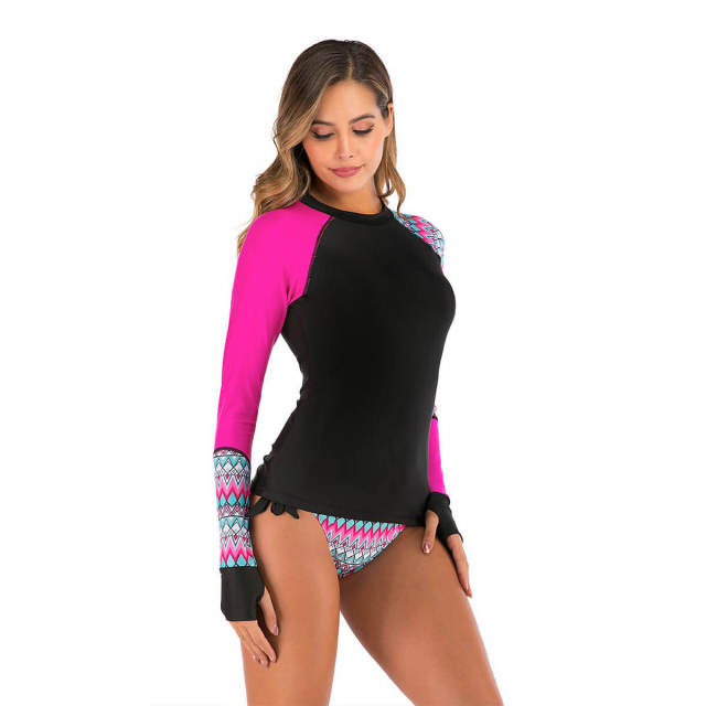 OOVOV Women's Printing Long Sleeve Rash Guard Shirts Stretch Athletic Swimsuit With Tie Up Bikini Bottom