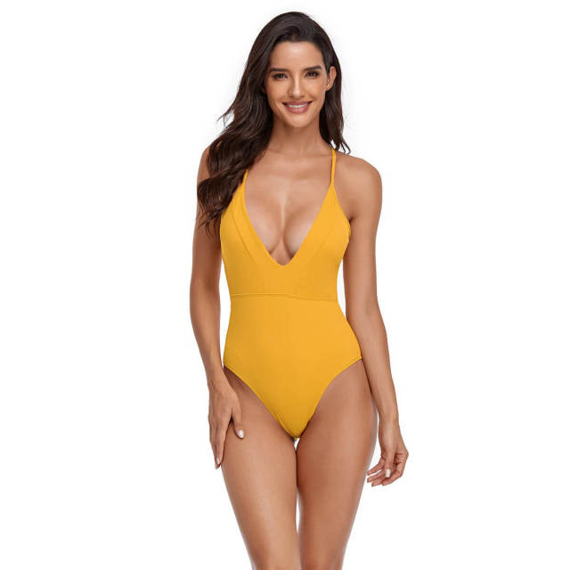 OOVOV Women’s One Piece Swimsuit,Sexy Deep V Neck Solid Bathing Suit,Tummy Control Cross Tie up Swimwear