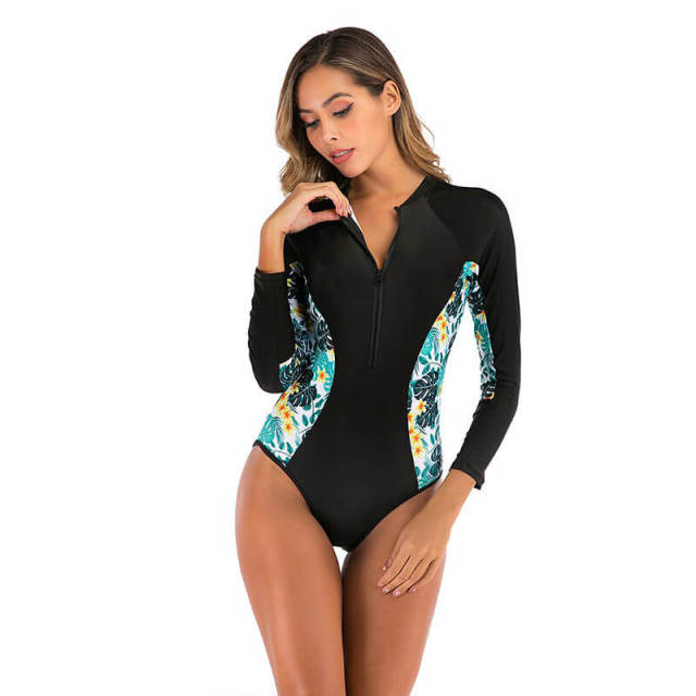 OOVOV Womens Long Sleeve Rash Guard Sun Protection Printing Zipper Surfing One Piece Swimsuit Bathing Suit