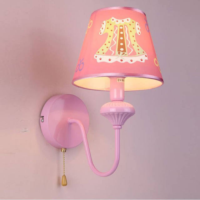 OOVOV 1-Light Pink Wall Lights Cartoon Kids Wall Lamp With Fabric Lampshade for Bedroom Baby Room Boy Girl Room with Pull Switch