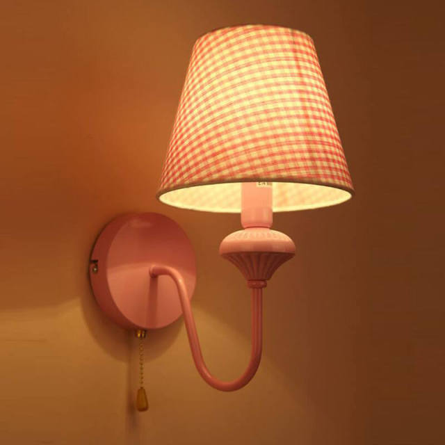 OOVOV 1-Light Pink Wall Lights Cartoon Kids Wall Lamp With Fabric Lampshade for Bedroom Baby Room Boy Girl Room with Pull Switch