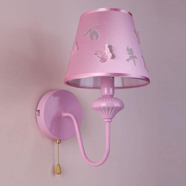 OOVOV 1-Light Pink Wall Lights Cartoon Kids Wall Lamp With Fabric Lampshade for Bedroom Baby Room Boy Girl Room with Pull Switch