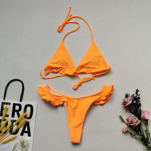 OOVOV Plus Size Swimsuit Bikini for Womens,Womens Sexy Solid Halter Padded Push Up Bikini Set Two Piece Swimsuit Swimwea