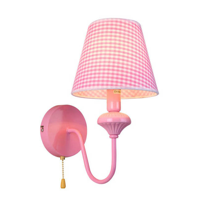 OOVOV 1-Light Pink Wall Lights Cartoon Kids Wall Lamp With Fabric Lampshade for Bedroom Baby Room Boy Girl Room with Pull Switch