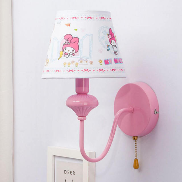 OOVOV 1-Light Pink Wall Lights Cartoon Kids Wall Lamp With Fabric Lampshade for Bedroom Baby Room Boy Girl Room with Pull Switch