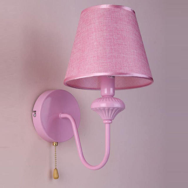 OOVOV 1-Light Pink Wall Lights Cartoon Kids Wall Lamp With Fabric Lampshade for Bedroom Baby Room Boy Girl Room with Pull Switch