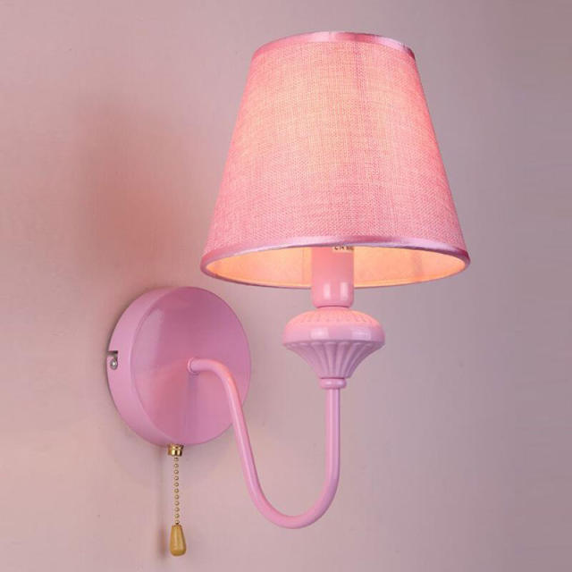 OOVOV 1-Light Pink Wall Lights Cartoon Kids Wall Lamp With Fabric Lampshade for Bedroom Baby Room Boy Girl Room with Pull Switch