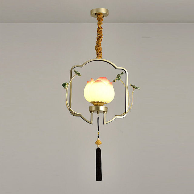 OOVOV 1-Light Pendant Light Chinese Style Lotus Flower Hanging Ceiling Lamp Retro Lighting Fixture and Decoration for Living Room Bedroom Dining Room