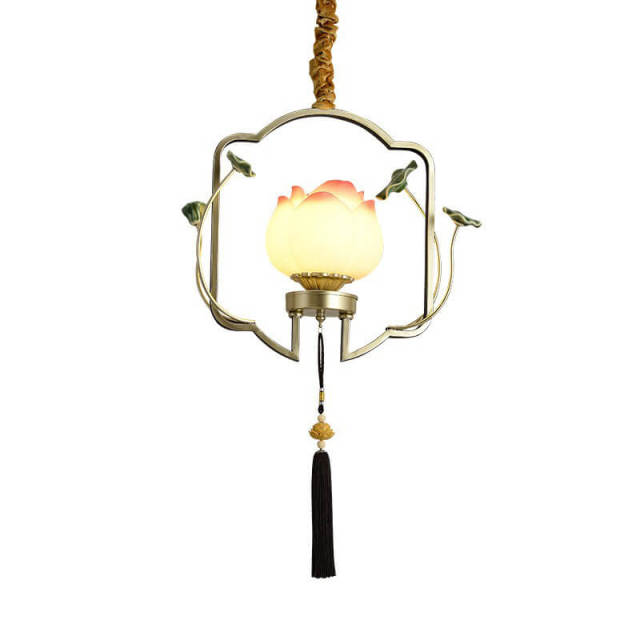 OOVOV 1-Light Pendant Light Chinese Style Lotus Flower Hanging Ceiling Lamp Retro Lighting Fixture and Decoration for Living Room Bedroom Dining Room