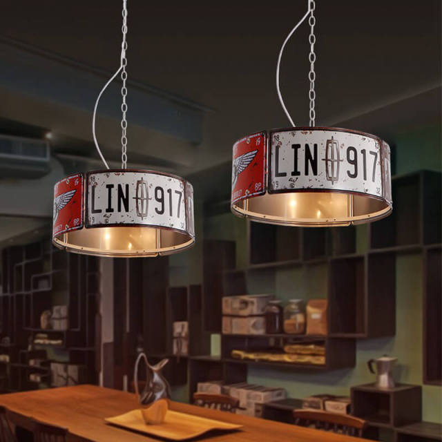 OOVOV Industrial Pendant Light Fixture Loft Retro Wrought Iron Chandelier 3 Lights License Plate Restaurant Coffee Bar Hanging Lamp E27 Base