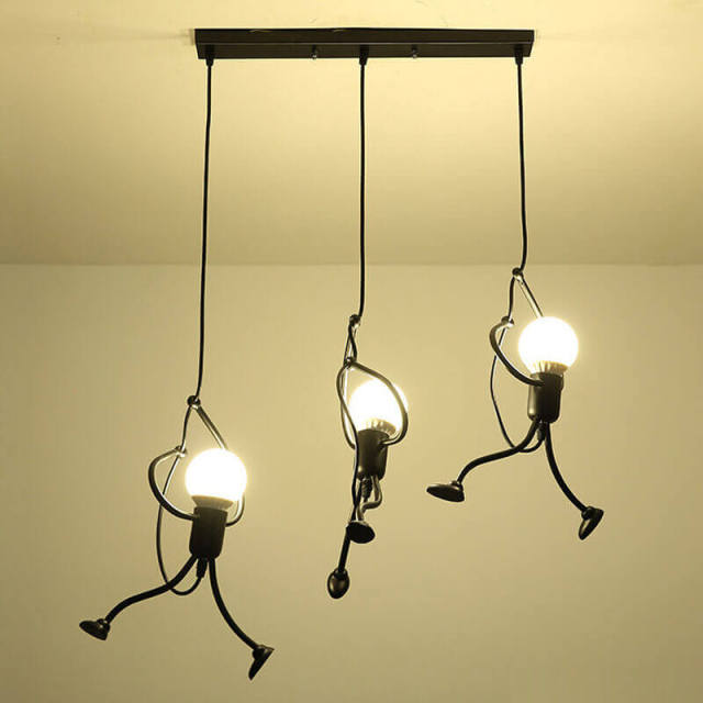 OOVOV Black Pendant Lighting Creative Little People 3 Lights Adjustable Hanging Lights for Bedroom Decor Iron Chandeliers for Indoor Dining Room