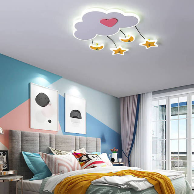 OOVOV Cartoon LED Ceiling Light Flush Mount Lighting Fixtures with Cloud Shape 40W Moon Star Ceiling Lamp for Baby Room Bedroom Children Room