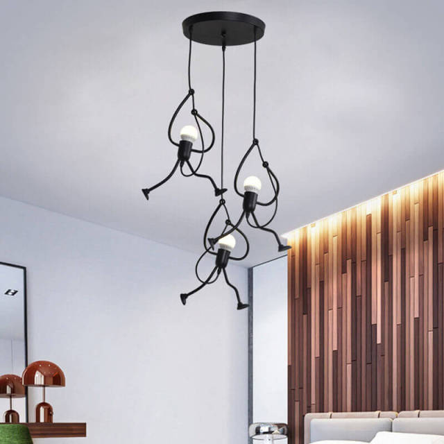 OOVOV Black Pendant Lighting Creative Little People 3 Lights Adjustable Hanging Lights for Bedroom Decor Iron Chandeliers for Indoor Dining Room