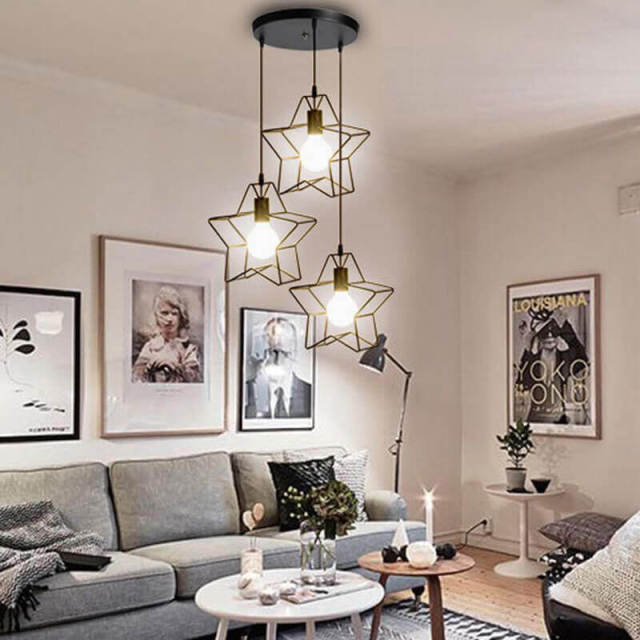 OOVOV 3-Lights Pendant Lighting Adjustable Pendant Hanging Light Fixtures with Metal Star Lampshade E27 Base for Kitchen Island Dining Room Hotel Sho