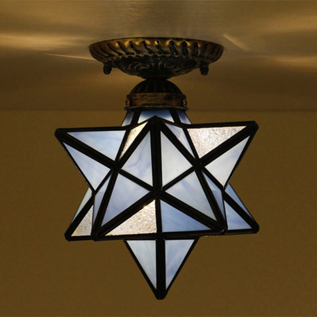 OOVOV Glass Star Close-to-Ceiling Light Tiffany Flush Mount Ceiling Light Fixture for Kitchen Porch Cafe Loft Bar Living Room