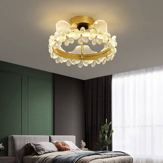 OOVOV Gold Crystal Ceiling Lamp Round K9 Crystal Ceiling Light Fixtures Crown Lighting for Children Room Bedroom Restaurant LED Natural Light Sources