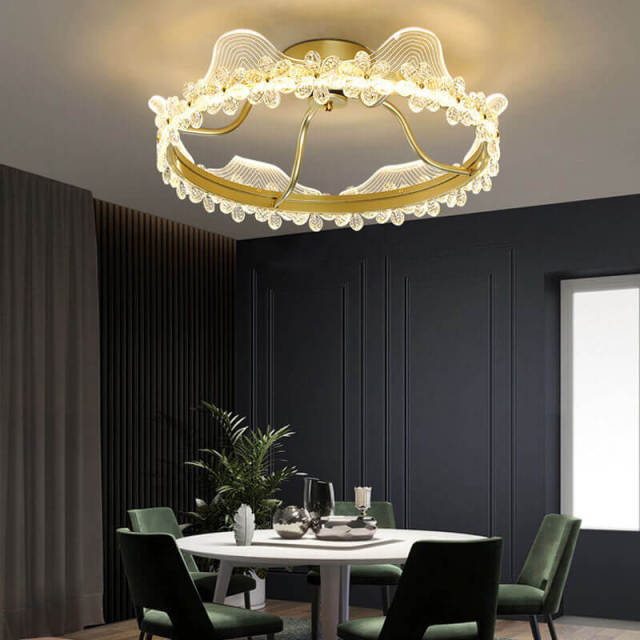 OOVOV Gold Crystal Ceiling Lamp Round K9 Crystal Ceiling Light Fixtures Crown Lighting for Children Room Bedroom Restaurant LED Natural Light Sources