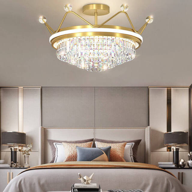 Gold 20 inch Wide Crystal Ceiling Light Crown Shape LED Flush Mount Crystal Ceiling Lighting