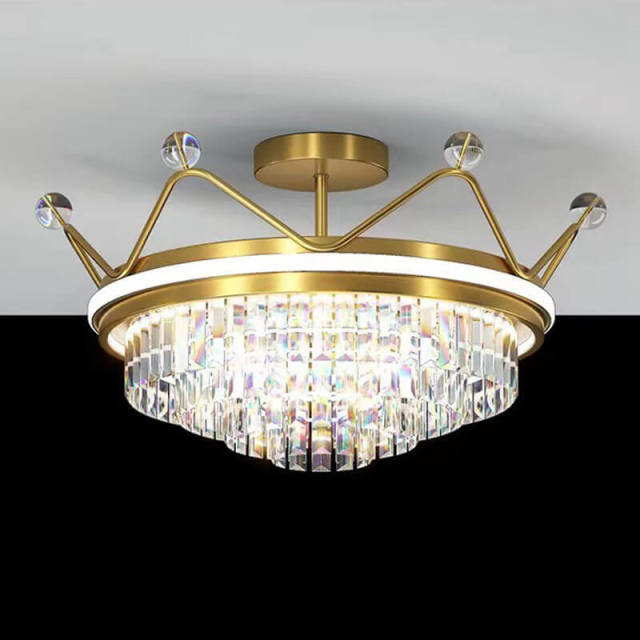 Gold 20 inch Wide Crystal Ceiling Light Crown Shape LED Flush Mount Crystal Ceiling Lighting