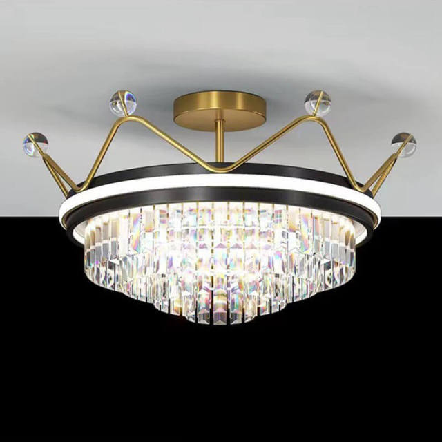 Gold 20 inch Wide Crystal Ceiling Light Crown Shape LED Flush Mount Crystal Ceiling Lighting