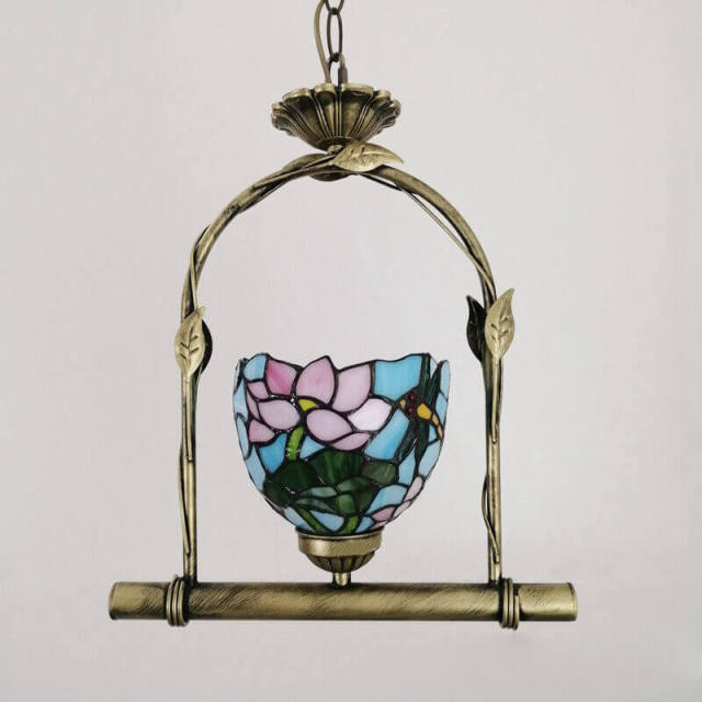 OOVOV Tiffany Style Pendant Light Mini Hanging Lamp Rustic Stained Glass Decoration Ceiling Lighting for Living Room Dining Room Corridor Balcony E27