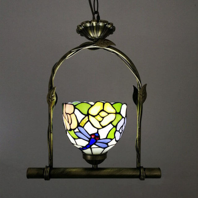 OOVOV Tiffany Style Pendant Light Mini Hanging Lamp Rustic Stained Glass Decoration Ceiling Lighting for Living Room Dining Room Corridor Balcony E27