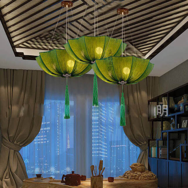 Chinese Fabric Restaurant Pendant Lights Tassels Sea Fabric Solid Lantern Dining Room Ceiling Pendant Lighting Fixtures Study Room Chandelier