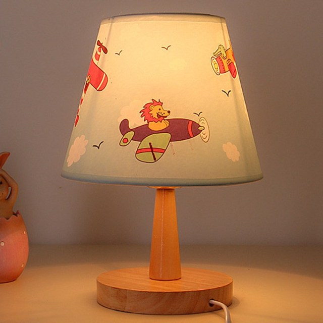 OOVOV Children Desk Lamp Cute Wood Table Lamp With Cartoon Fabric Lampshade for Baby Room Night Light Small Table Light H26cm