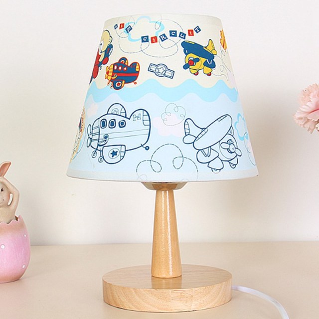 OOVOV Children Desk Lamp Cute Wood Table Lamp With Cartoon Fabric Lampshade for Baby Room Night Light Small Table Light H26cm