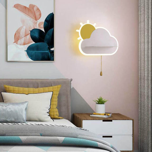 OOVOV LED Wall Night Lamp for Kids 15W LED Cloud Wall Sconce Fixture with Shelf for Children Girls Boys Bedroom Decoration Pull Switch