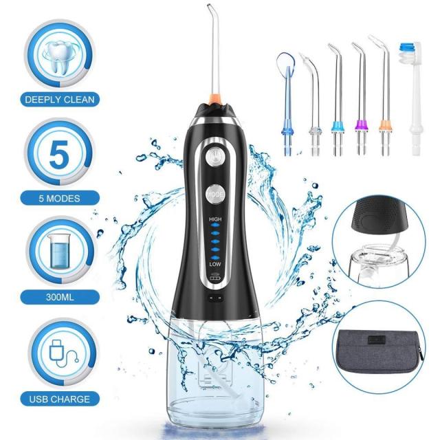 300ml Oral Irrigator Portable Dental Water Flosser Jet 5 Modes Water Floss USB Rechargeable Irrigator Dental Teeth Cleaner + Bag