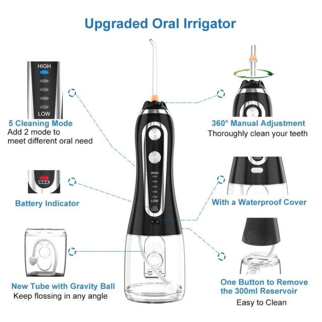 300ml Oral Irrigator Portable Dental Water Flosser Jet 5 Modes Water Floss USB Rechargeable Irrigator Dental Teeth Cleaner + Bag
