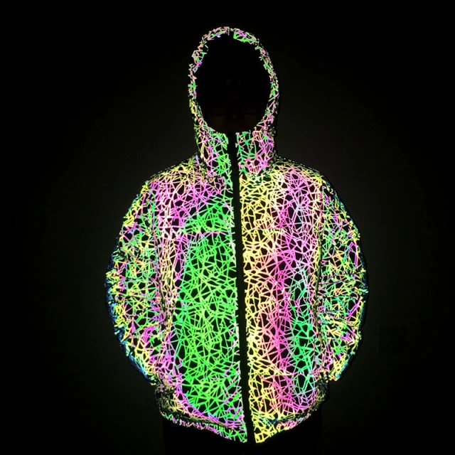 OOVOV Women's Winter Coat Creative Colorful Reflective Cotton Padded Hooded Jacket Thickened Luminous Cotton Outerwear