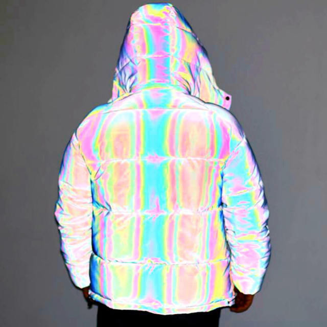 OOVOV Winter Coat Men Thick Warm Rainbow Reflective Jackets Mens Print Hip Hop Harajuku Style Parkas Loose Colorful Streetwear