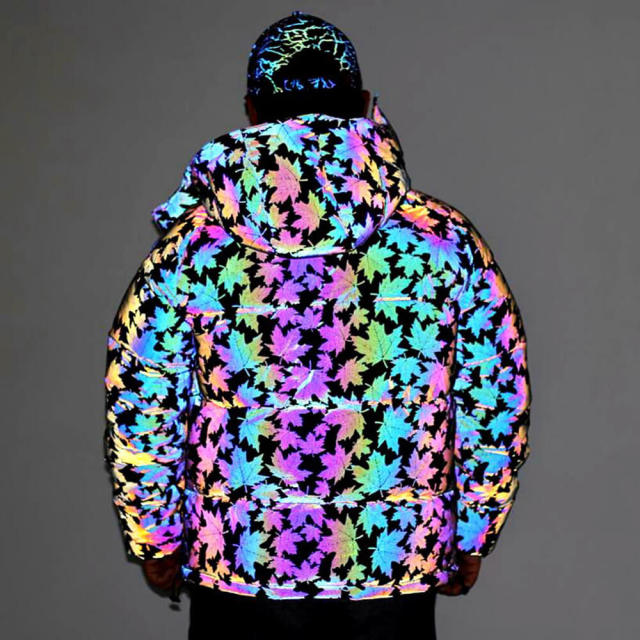 OOVOV Winter Coat Men Thick Warm Rainbow Reflective Jackets Mens Print Hip Hop Harajuku Style Parkas Loose Colorful Streetwear