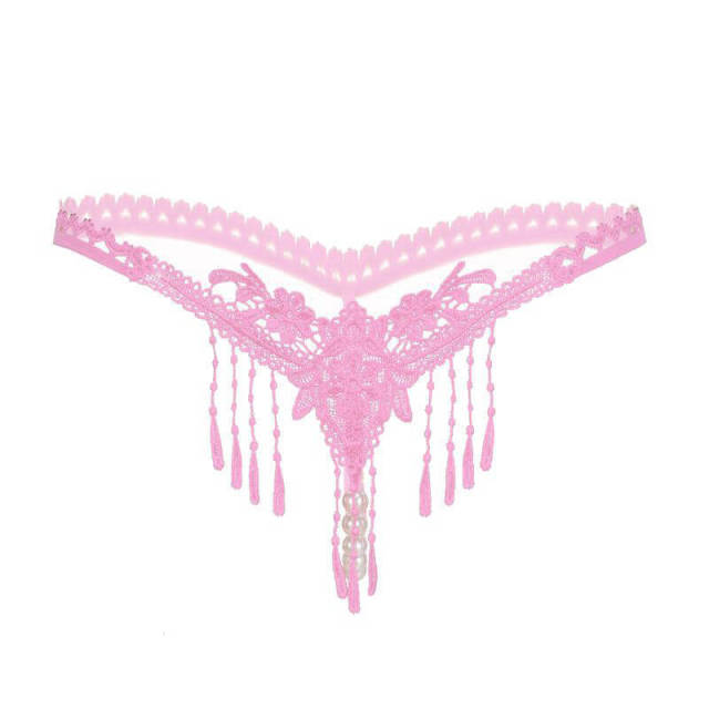 OOVOV Hollow Embroidery Tassel Sexy Lingerie Pearl Massage Transparent Low Waist Panties Sexy Thong Panties