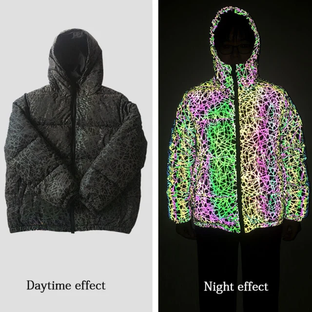 OOVOV Women's Winter Coat Creative Colorful Reflective Cotton Padded Hooded Jacket Thickened Luminous Cotton Outerwear