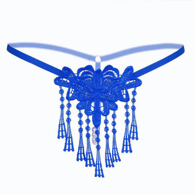 OOVOV Sexy Thong Panties Hollow Embroidery Tassel Sexy Lingerie   Pearl Massage Transparent Low Waist Panties