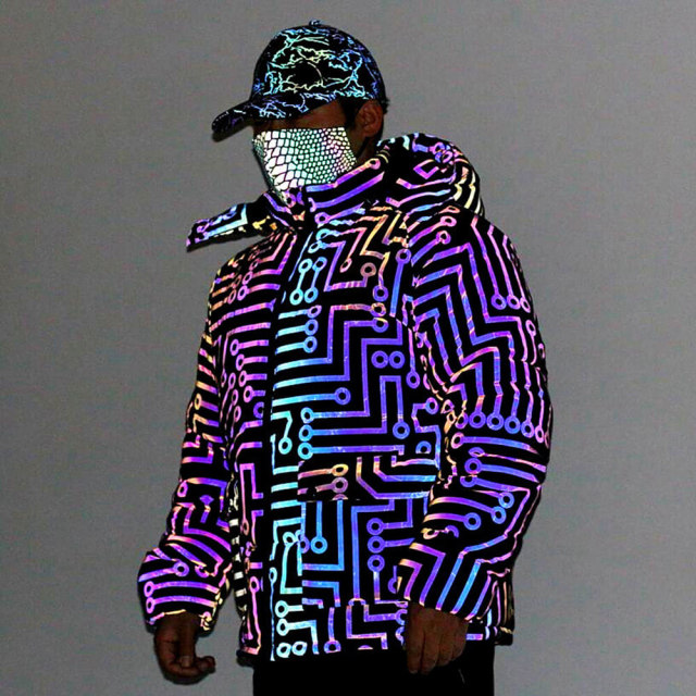 OOVOV Winter Coat Men Thick Warm Rainbow Reflective Jackets Mens Print Hip Hop Harajuku Style Parkas Loose Colorful Streetwear