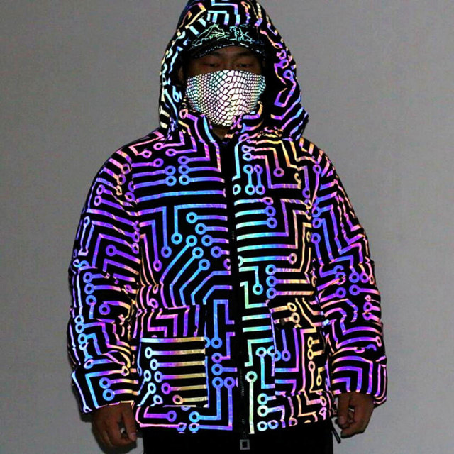 OOVOV Winter Coat Men Thick Warm Rainbow Reflective Jackets Mens Print Hip Hop Harajuku Style Parkas Loose Colorful Streetwear