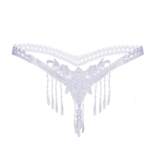 OOVOV Hollow Embroidery Tassel Sexy Lingerie Pearl Massage Transparent Low Waist Panties Sexy Thong Panties